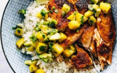 BBQ Salmon Bowls with Mango Avocado Salsa